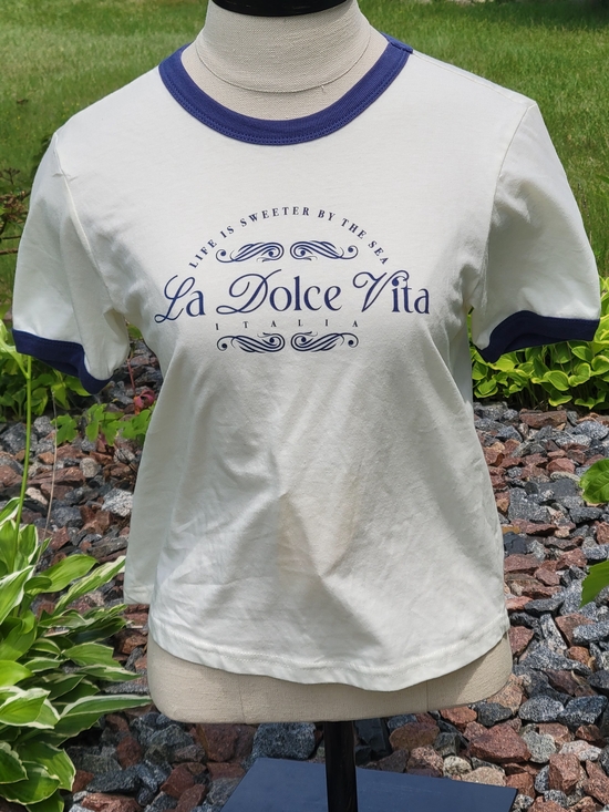 Mighty Fine Tops - Mighty Fine Cream Short Sleeve Ringer Tee with Navy Trim XS